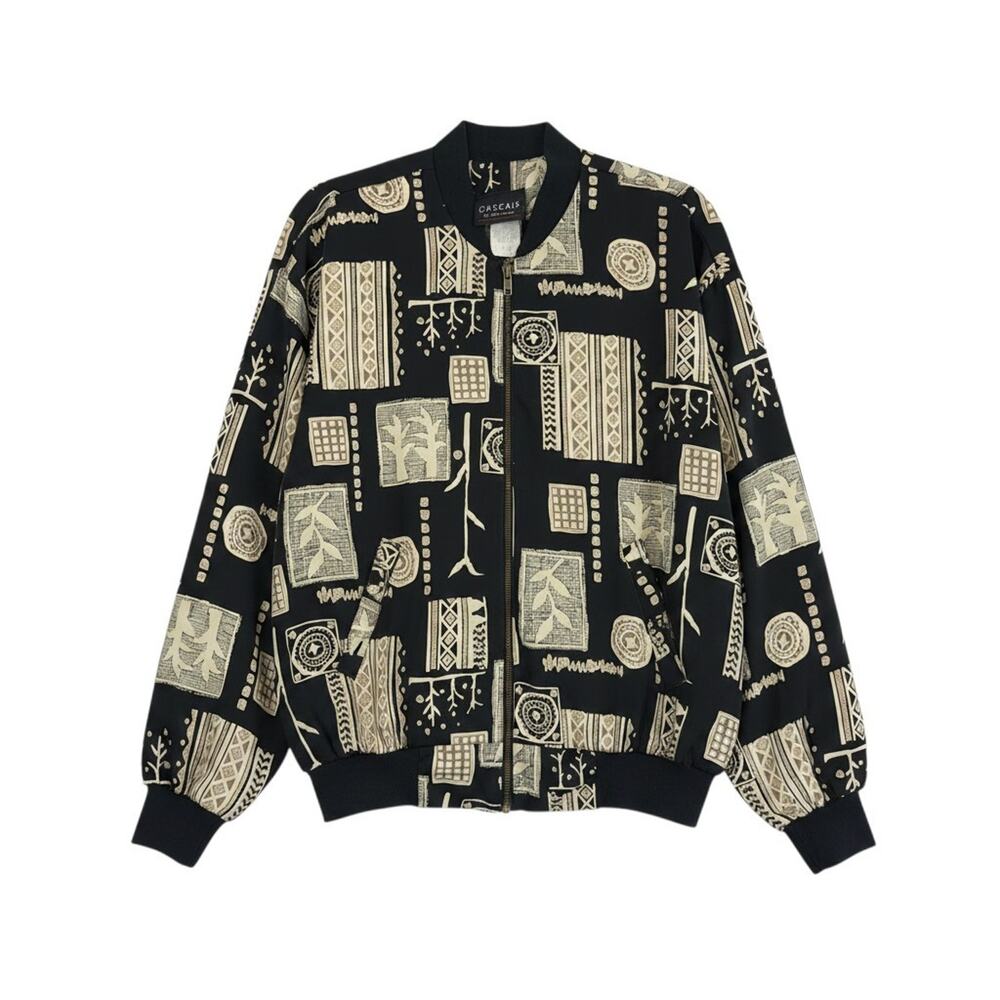 Vintage Cascais Black Cream Pattern Zip Up Jacket Womens Size Medium Mexico Poly - Picture 3 of 10